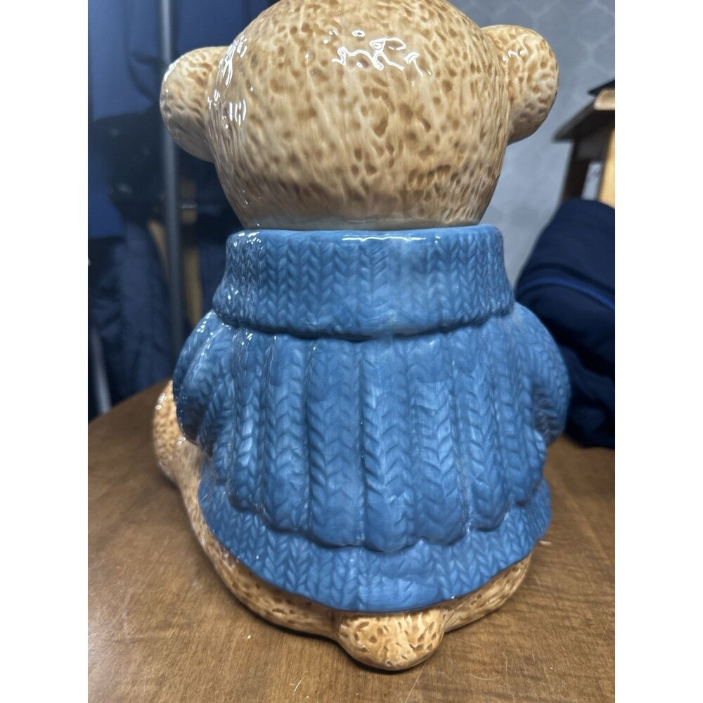 Vintage Cresco China Papa & Baby Bear Ceramic Cookie Jar Blue Sweater Retro - Picture 6 of 11